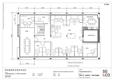 Etasjeplan (2. etasje) for et kontorbygg på Ferjestedsveien 2, som viser romfordeling, møblering og dimensjoner.