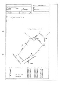 Målebrevkart som viser eiendomsgrunnlinjer, punktmerker og areal for Ferjestedsveien 2 og 4.