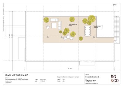 Takplan (takterrasse) med oppgitt mål og plassering av møbler og planter.