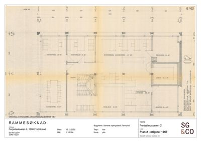 Etasjeplan (Plan 2) fra 1967 som viser romfordeling, arealer og funksjoner i et kontorbygg.
