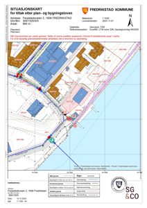 Situasjonskart som viser eiendomsgranser, høydemålerlinjer, eksisterende og planlagt bebyggelse samt infrastruktur i Fredrikstad kommune.