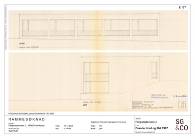 Fasadetegning som viser bygningens utsyn mot nord-nordvest og øst.