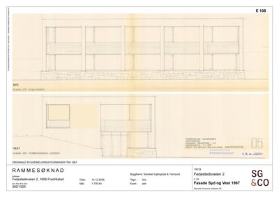 Tegning som viser fasadeopprikk for bygningen på Ferjestedsveien 2, med utsnitt mot syd og vest.