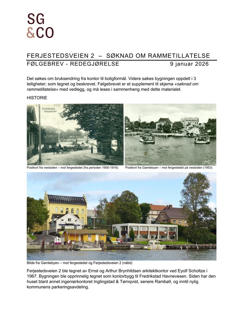 Et dokument som inneholder historiske postkort og et nylig fotografi av bygningen på Ferjestedsveien 2, samt tekst om bygningens historie og arkitekter.