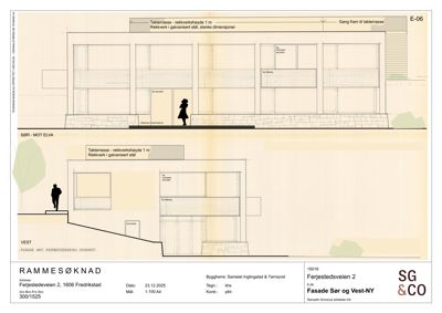 Fasadetegning som viser bygningens utseende fra sør og vest, inkludert takterrasse, vinduer og materialbeskrivelser.