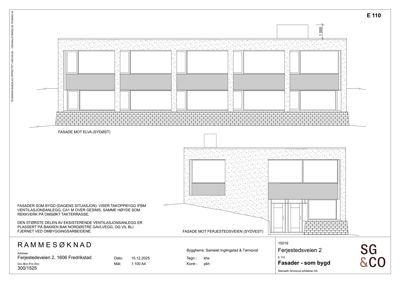 Fasadetegning som viser bygningens utseende fra to sider (sydøst og sydvest) med detaljer om vinduer, tak og grunnmur.