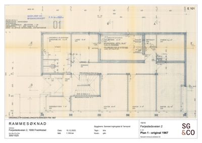 Etasjeplan (1. etasje) for en bygning med romfordeling, arealer og dimensjoner.