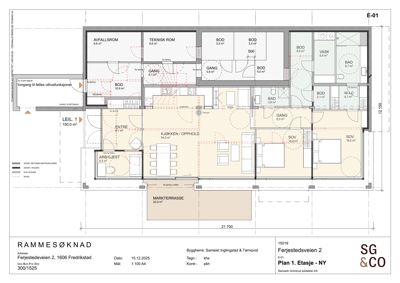 Etasjeplan for leilighet 1 på første etasje, som viser romfordeling, arealer og møblering.