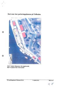 Flyfoto (kart) som viser parkeringsplassene på Tollboden med overlagte tegninger av bygninger og plassering av båter.