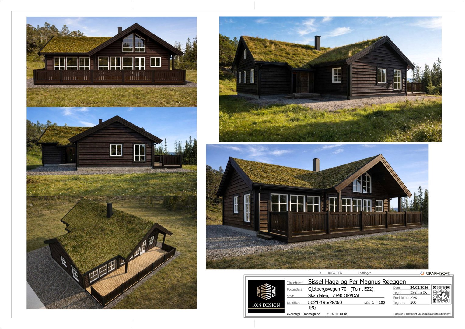 En samling av 3D-visualiseringer (renderinger) av en hytte fra ulike vinkler, inkludert fasade, snitt og perspektiv.