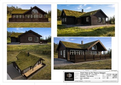 En samling av 3D-visualiseringer (renderinger) av en hytte fra ulike vinkler, inkludert fasade, snitt og perspektiv.