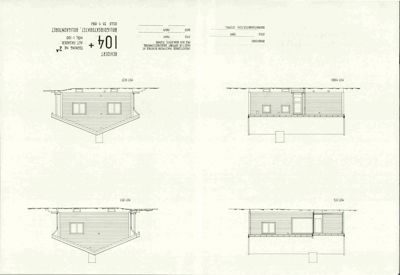 Fasadetegning (opprikk) av en bygning sett fra fire ulike vinkler (NØ, SØ, SV, NV).