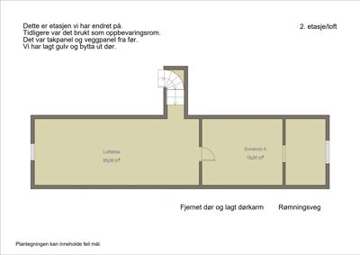 Etasjeplan (2. etasje/loft) med romfordeling, dører, vinduer og arealoppdeling.