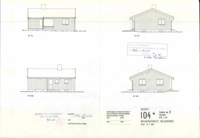 Fasadetegning som viser bygningens utseende fra fire ulike vinkler (sør, øst, nord og vest).