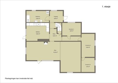 Etasjeplan for 1. etasje som viser romfordeling, arealer og funksjoner (stue, kjøkken, soverom, bad).