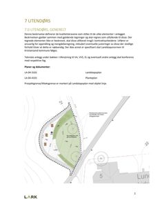 Situasjonsplan som viser tomtens form, eksisterende parkeringsareal, ny møteplass med grill og lekesplass, samt prosjektgrense/tiltaksgrense markert med stiplt linje.
