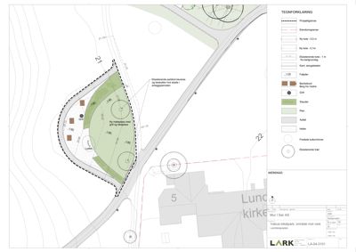 Situasjonsplan som viser tomtens form, høydemålinger (konturer), plassering av eksisterende og nye trær, samt grenser til vei og naboeiendom.