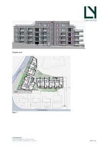 Bildet viser en fasadetegning (Fasade nord) av en fleretasjes bygning, samt en situasjonsplan (Plan 1) nedenfor.