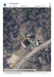 Situasjonsplan (D-1) som viser eiendomsgranser, eiendomsnummer (27/25), veitilgang og minirensesanlegg på en tomt.