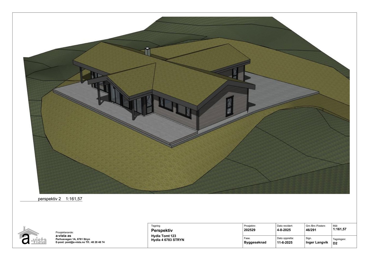 3D-visualisering (perspektivtegning) av en hytte sett fra utsiden, inkludert terreng og grunnflate.