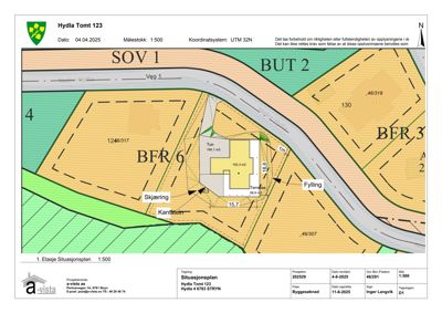 Situasjonsplan som viser tomtens plassering i forhold til nabolag, vegforhold, arealbruk (BFR, SOV, BUT) og bygningens plassering på tomten.