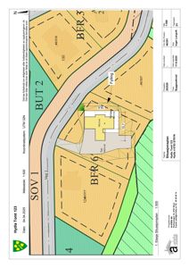 Situasjonsplan som viser tomtens plassering i forhold til nabolag, vegsystem og arealbruksklasser (BFR, BUT, SOV).