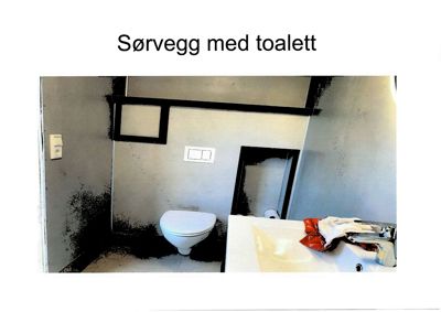 Fotografi av en badesituasjon med toalett, vask og speil. Bildet har teksten 'Sørvegg med toalett' over seg.