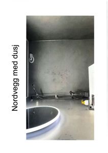 Fotografi av en nordvegg med dusj, inkludert dusjhode, slange, veggventil og del av en rund speil eller badekar.