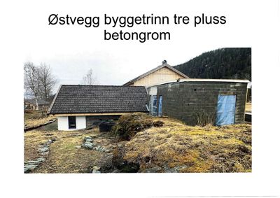 Fasadetegning som viser bygningens østvegg med detaljer om tak, vinduer og materialer.