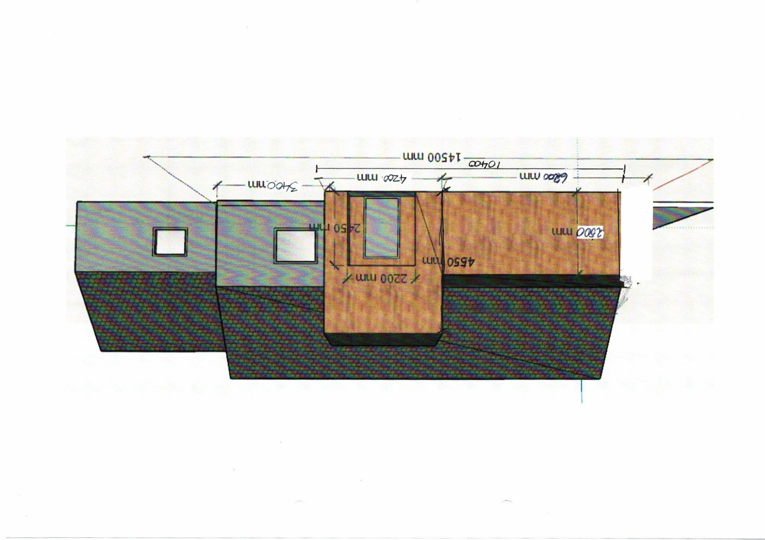 3D-visualisering (rendering) av en bygning sett fra siden, med synlige fasadeelementer og mål.
