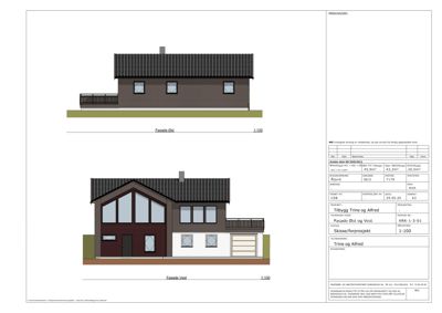 Fasadetegning som viser bygningens utseende fra øst og vest med mål og detaljer.