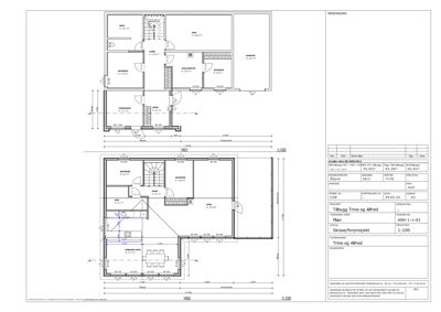 Plantegning som viser romfordeling, dimensjoner og areal for etasjene i en bygning.
