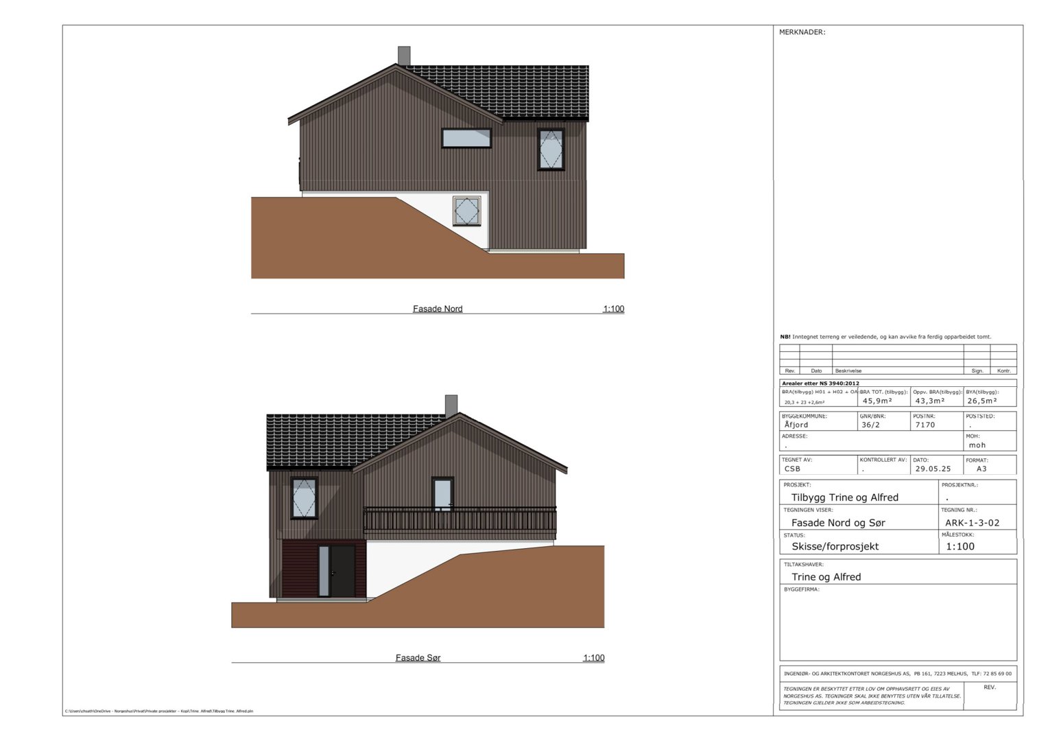 Fasadetegning som viser bygningens utseende fra nord og sør.
