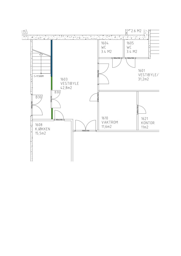Etasjeplan som viser romfordeling, dører og arealer for et bygg (rom 1601-1621).