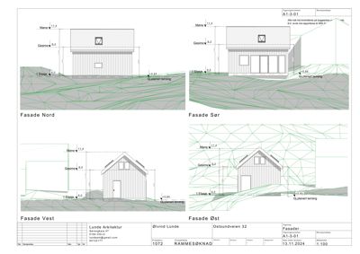 Bildet viser fasadetegninger for en bygning sett fra fire sider (Nord, Sør, Vest, Øst) med høydeangivelser.