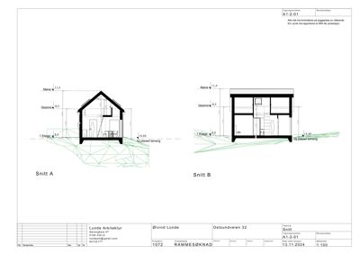Bildet viser to snittegninger (Snitt A og Snitt B) av en bygning med mål og konstruksjonsdetaljer.