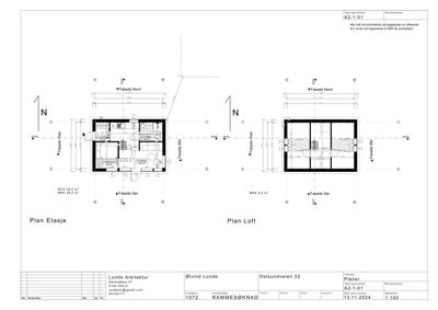 Bildet viser to etasjeplaner for en bygning, merket som 'Plan Etasje' og 'Plan Loft', med romfordeling og fasaderetninger.