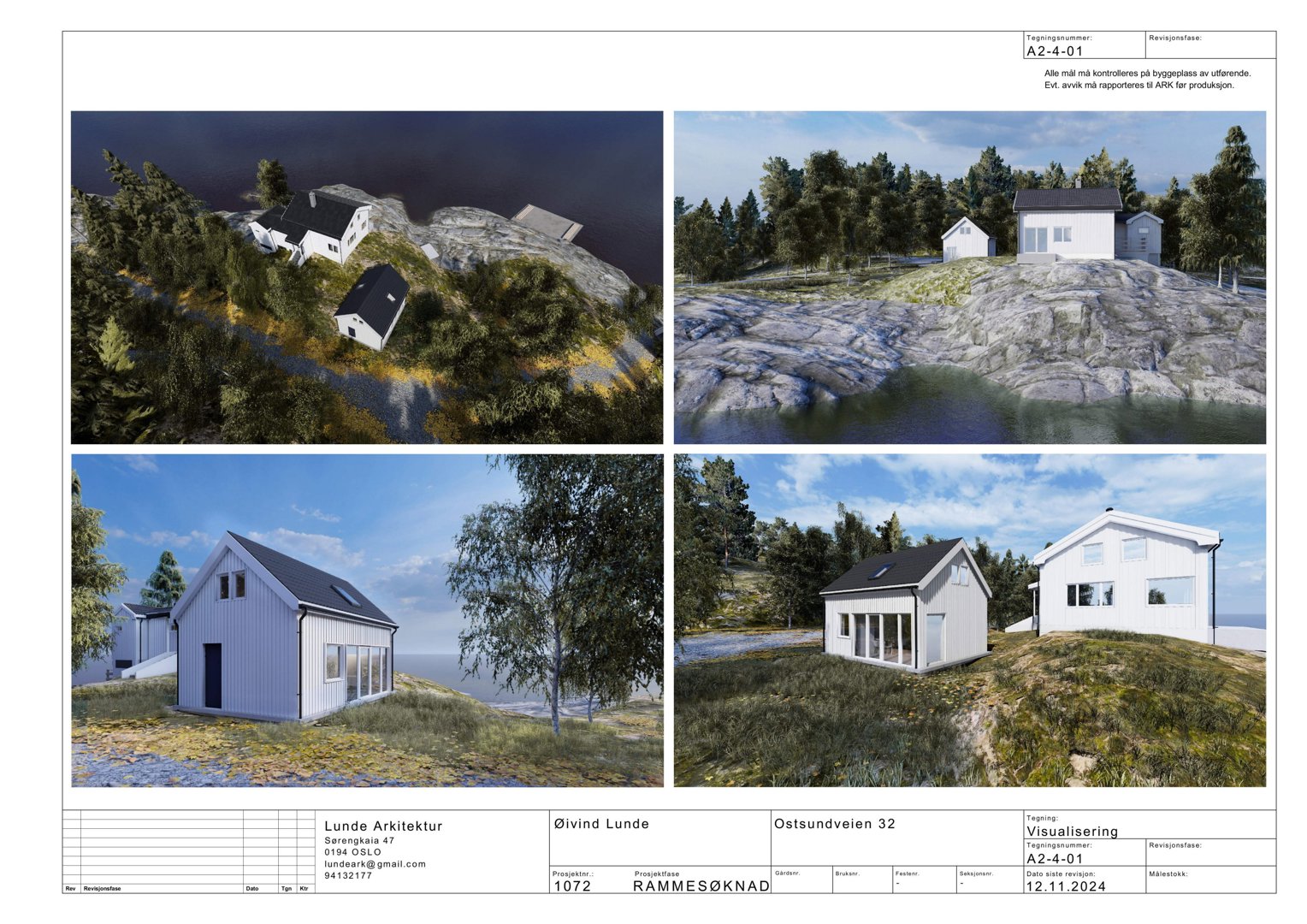 Bildet viser en samling av 3D-visualiseringer (renderinger) av et hus på en kysttomte, inkludert et luftfoto-perspektiv og flere nærbilder av fasaden.