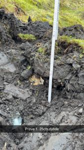 Fotografi av en jordprøve med målebånd og tekst 'Prøve 1. 25cm dybde'.