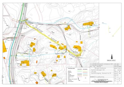 Situasjonsplan (VA-plan) som viser tomtens beliggenhet, høydemålinger, eksisterende og planlagt infrastruktur samt nabolag.