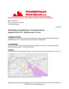 Situasjonsplan som viser tomtens form, grenser, eksisterende bygninger og planlagt spillvannsledning (gult) samt forureina grunn (lilla).