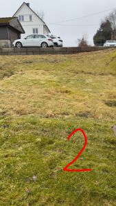 Fotografi av en grønn, graset skråning med en steinmur i bakgrunnen og en hvit bil parkert ved en hvit husvegg.