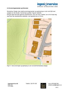 Kart som viser avrenningsmønster og flomveier (blå linjer) i forhold til eiendom og bekker.