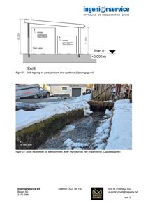 Fotografi av bekken på eiendommen, etter regnskyll og ved snøsmelting.