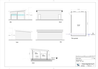Bildet viser fasadetegninger for en garasje sett fra fire sider (Øst, Nord, Vest, Sør) samt et snitt og et etasjesskisse (Plan garasje).