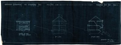 Fasadetegning som viser bygningens utsyn fra tre ulike vinkler (for, side og snitt), typisk for arkitekttegninger.