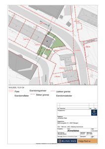 Situasjonsplan som viser eiendomsgrenser, eiendomstekster (nr. 158/222, 159/264 osv.), naboeiendommer og gater (Behmergaten, Garvergaten).