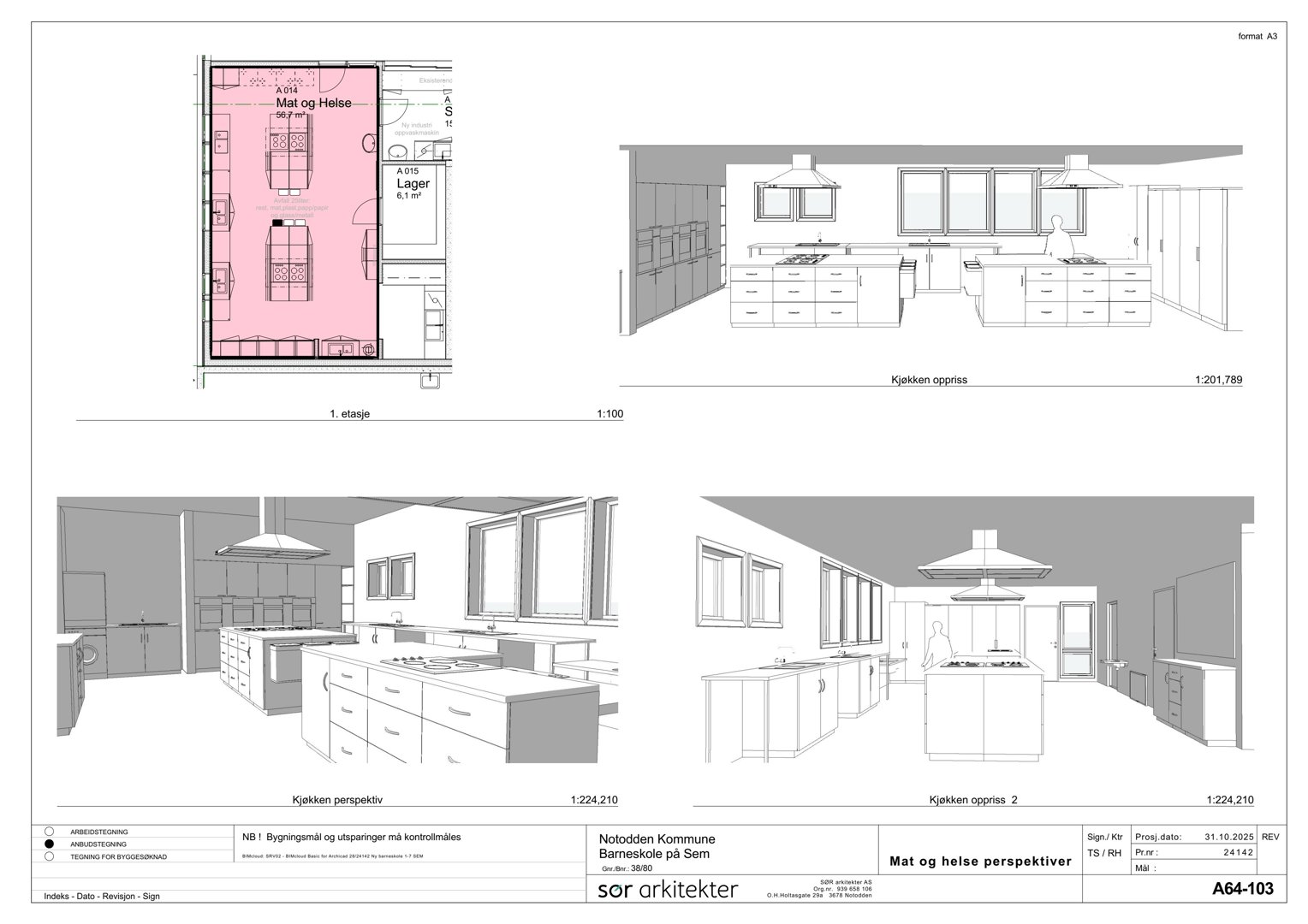 Bildet viser en tegning med både etasjeplan (1. etasje) og tre perspektivtegninger (renderinger) av kjøkkenet i et barnehjem.