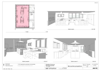Bildet viser en tegning med både etasjeplan (1. etasje) og tre perspektivtegninger (renderinger) av kjøkkenet i et barnehjem.