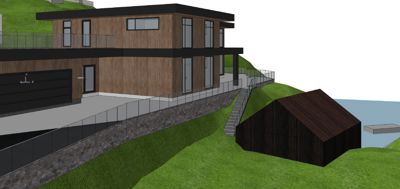 3D-visualisering av en moderne villa med garasje og etasjer, sett fra siden mot vannet.